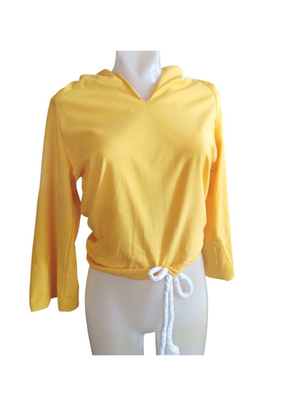 True Vintage Top Hoodie Medium Boho Yellow Drawstring Crop 1970's Handmade Hippy